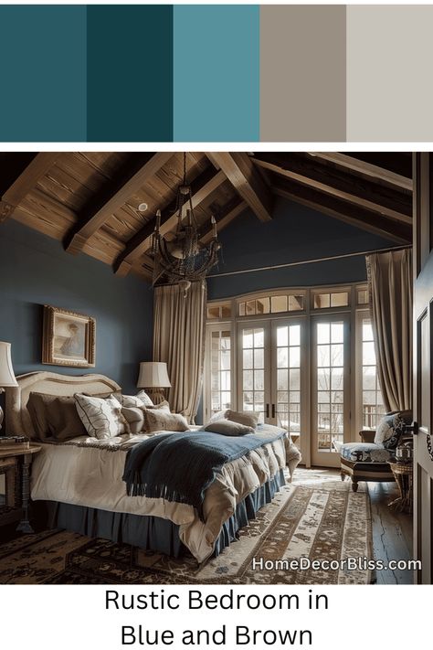 Rustic Bedroom: Deep Blue Walls and Exposed Wooden Beams Blue And Brown Bedroom, Deep Blue Walls, Chic Living Room Design, Bedroom Concept, Grand Chandelier, Elegant Living Room Design, Living Room Design Inspiration, Wallpaper Walls Decor, Brown Bedroom