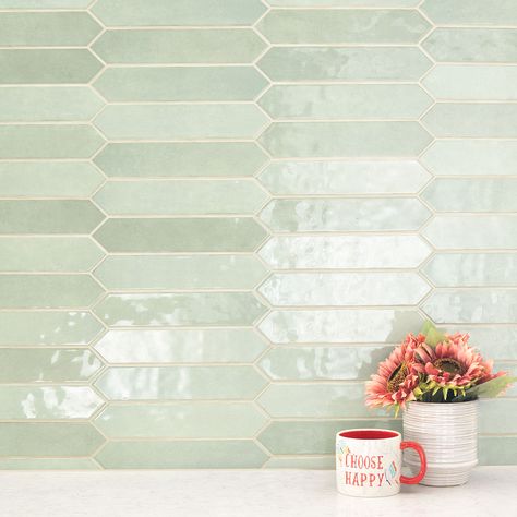 Picket Wall Tile, Green Kitchen Backsplash, Green Tile Backsplash, Green Backsplash, Up House, Green Tile, Green Bathroom, Kitchen Tiles Backsplash, Ceramic Wall Tiles