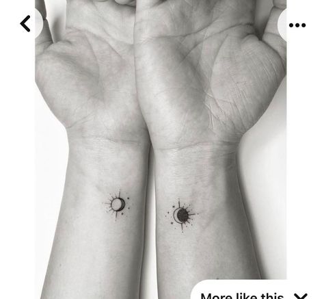 Small Dainty Tattoos For Sisters, Night And Day Matching Tattoos, Tattoo Idea Sisters, Space Matching Tattoos, Ying Yang Couple Tattoo, Matching Partner Tattoos, Sister Tattoos Sun And Moon, Matching Tattoos For Friends, Tattoos For Friends