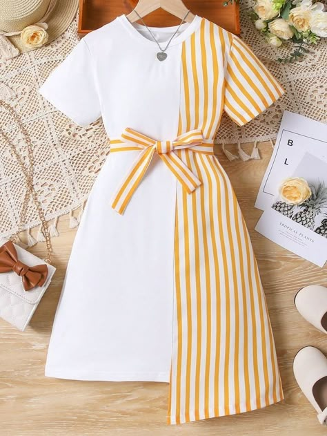 Short Sleeves Designs For Dresses, Short Dresses Casual Classy, Stripe Dress Outfit, Dresses Trendy Casual, Girls Dress Design, Classy Short Dresses, Modest Casual Outfits, African Dresses For Kids