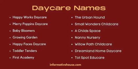 The Most Funny and Cute Daycare Names Ideas! Daycare Name Ideas Home, Home Daycare Names Ideas, Daycare Classroom Names Ideas, Day Care Names Ideas, Childcare Names Ideas, Daycare Names Ideas, Merry Poppins, Fun Names, Daycare Names