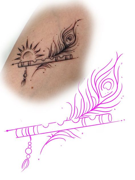 Lord Krishna Flute Tattoo, Flute With Peacock Feather Drawing, Krishna Flute Tattoo Design, Flute With Feather Tattoo Designs, More Pankh Tattoo, Flute Tattoo Design, Krishna Flute Tattoo, Feather With Flute Tattoo, Morpankh Tattoo