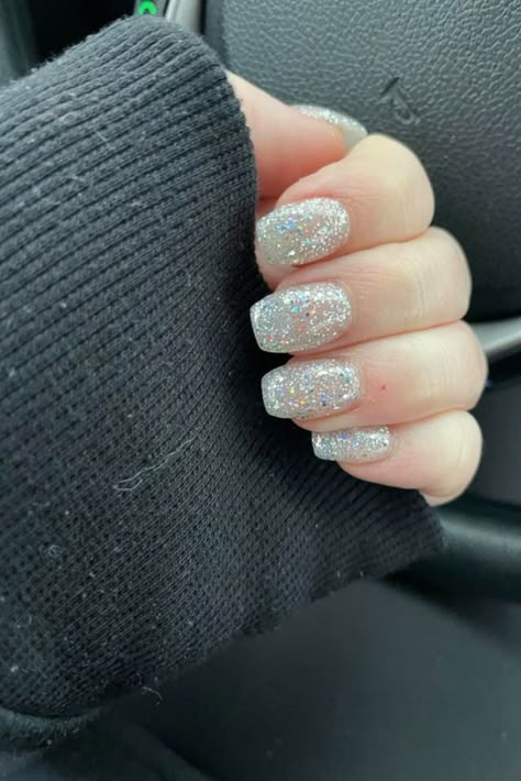 Silver Sparkly Nails Coffin, Sorority Formal Nails, Cute Silver Nails For Prom, Silver Glitter Dip Nails, Silver Sparkles Nails, Silver Glitter Short Nails, Silver Sparkling Nails, White With Silver Glitter Nails, Silver Dip Nails