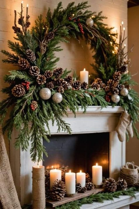 Christmas Candle Sticks Decor, Ceiling Beam Christmas Decoration Ideas, Christmas Without A Fireplace, Black Mantel Christmas Decor, Thanksgiving Mantle Decorations Mantel Ideas, Modern Holiday Decor Living Room, Great Room Christmas Decor, Fireplace Mantels For Christmas, Christmas Gnome Display Ideas