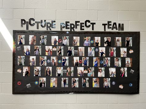 Staff Photo Bulletin Board Ideas, Staff Picture Board Ideas, Employee Wall Display, Staff Photo Wall Display, Teachers Lounge Wall Decor, Meet The Team Bulletin Board Office, Employee Wall Of Fame, Employee Wall Ideas, Meet The Staff Wall