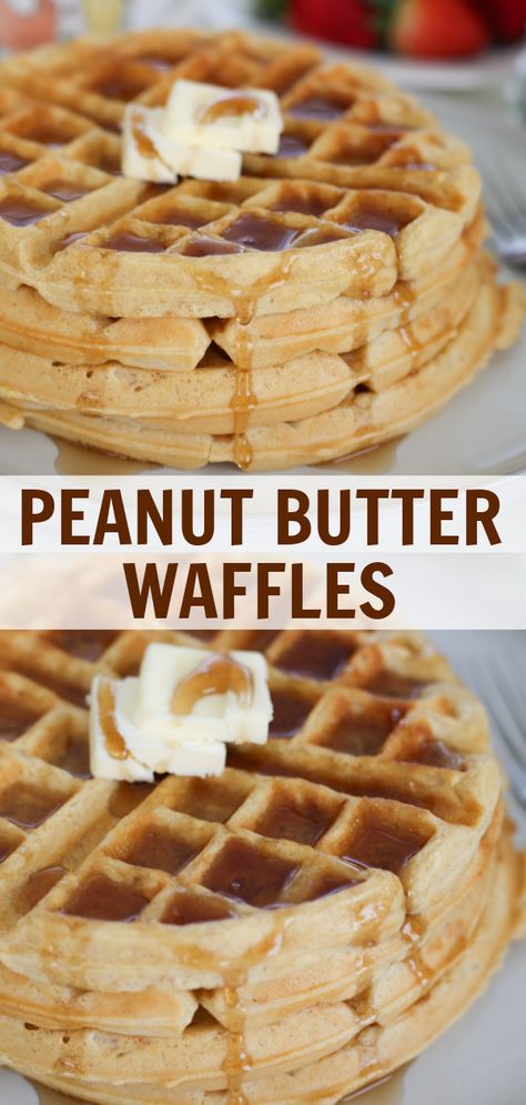 Delicious Peanut Butter Waffles are the perfect breakfast for peanut butter lovers! Fluffy waffles full of peanut flavor and chopped peanuts. Peanut Butter Waffles Healthy, Peanut Butter Breakfast Recipes, Peanut Butter Waffles Easy, Peanut Butter Egg Waffle, Peanut Butter Waffle Recipe, Peanut Butter Waffle, Peanut Butter Ideas, Waffle Wednesday, Peanut Butter Waffles