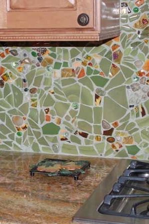 Fun Tile Backsplash, Mosaic Tile Countertops Kitchen, Mosaic Kitchen Countertops, Backsplash Kitchen Mosaic, Mosaic In House, Mosaic Countertops, Diy Mosaic Backsplash Kitchen, Kitchen Mosaic Floor, Mosaic Tile Countertop