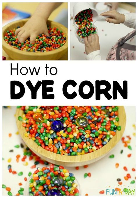 Finally! Here's an explanation for how to dye corn kernels that works! The results are gorgeous, rich colors. The colorful corn would be perfect in sensory bins, art, etc. #FunADay #Corn #PreschoolActivities #Preschool Corn Thanksgiving, Colored Popcorn, Sensory Tubs, Popcorn Kernels, Sensory Bottles, Fall Preschool, Sensory Table, Thanksgiving Activities, Preschool Lessons