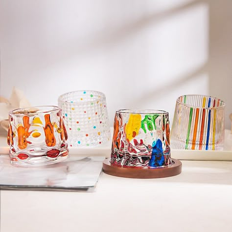 You’ll be looking for reasons to entertain so that you can serve guests with these colorful and oh-so-cheery drinking glasses. These charming works of art are sure to elevate whatever liquid they may contain. Why wait for a special occasion to use these versatile tumblers. Inject a pop of gorgeous pattern into every da Vintage Furniture Ideas, Bar Cart Inspo, Cute Dishes, Host A Dinner Party, Cup Aesthetic, Eclectic Prints, Whiskey Tumbler, Cup Collection, Serve Ware