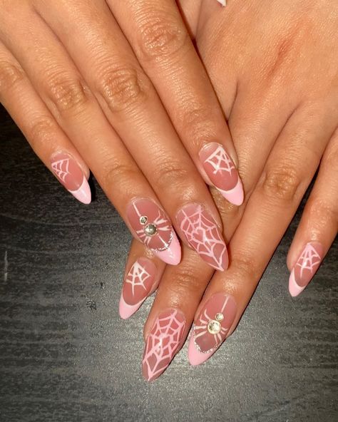 Pink HOLLOWEEN spider nails 🕸️💗🕷️ • • • #spidermannails #spiderwebnails #rosynails #pinknails #pinkspidermannails #yycnails #yycnailtech #yycnailart #naildesign Spider Nails, Nails, Pink, Quick Saves