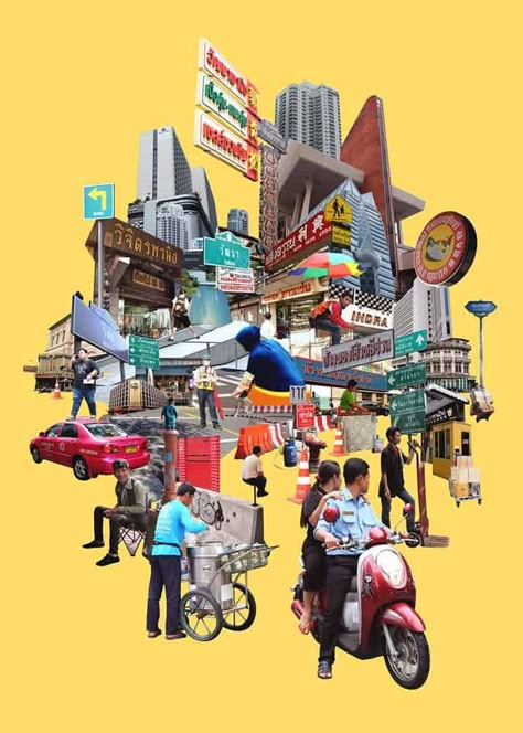 Pariwat - BKK Street 032 - 30 x 42 - 2-9 Collage Art Projects, Surreal Collage, Architecture Collage, Collage Artwork, Collage Poster, Collage Illustration, Photo Wall Collage, Collage Design, Printed Artwork