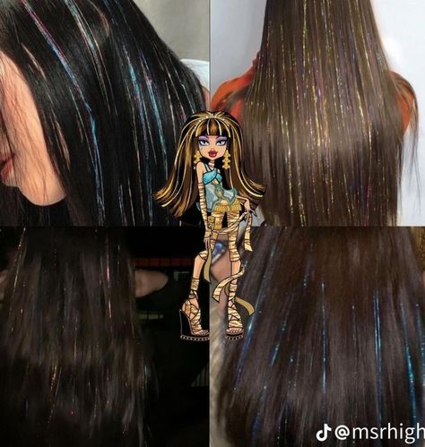 Monster high glitter hair idea Glitter Highlights Hair, Monster High Hair Inspiration, Monster High Hair Dye, Monster High Hair, 2000s Hair, Hair Tinsel, High Hair, Hair Streaks, Dyed Hair Inspiration