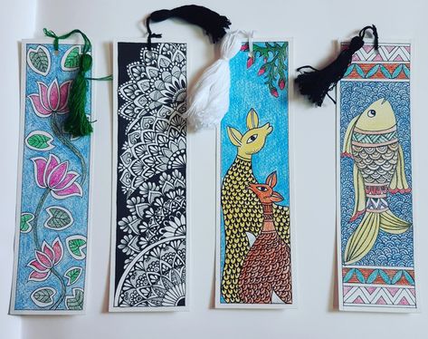 Madhubani, Mandala, Gond Arts Madhubani Mandala, Kalamkari Art, Art Bookmarks, Gond Art, Bookmark Craft, Madhubani Art, Book Marks, Book Markers, Indian Art