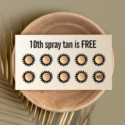 Simple copper - bronze colored sun with black rays 10  punch visit spray tan card. Spray Tan Loyalty Card, Home Tanning Salon, At Home Spray Tan Business, Spraytan Salon Ideas, Spray Tan Logo Design, Spray Tan Studio Decor, Spray Tan Set Up, At Home Spray Tan Room, Spray Tan Name Ideas