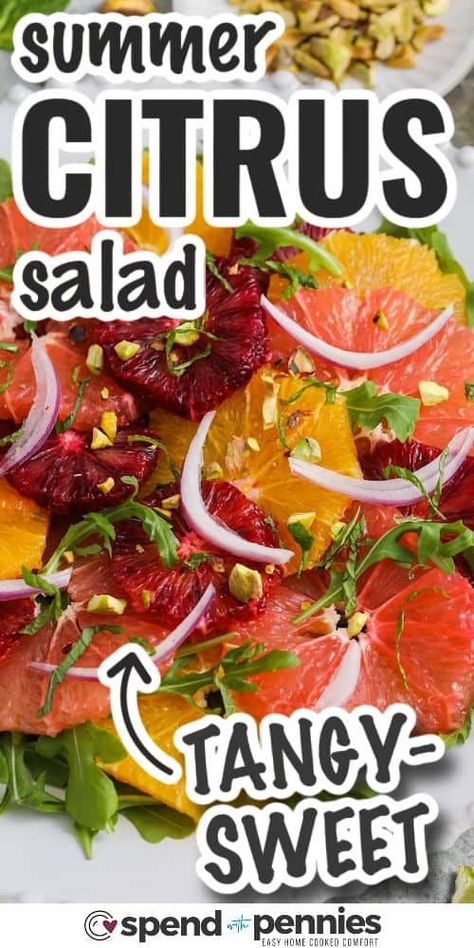 Delight in the freshness of a citrus salad, an ideal summer side, brunch addition, or snack! Grapefruit, oranges, and red onion are combined with peppery arugula, dressed in a tangy-sweet lime vinaigrette, and topped with pistachios and mint. Healthy and vivid, this citrus salad brings a burst of sunshine to your table, no matter the season! #spendwithpennies #citrussalad #citrussaladrecipe #easycitrussalad Orange Grapefruit Salad, Winter Citrus Salad, Arugula Citrus Salad, Citrus Salad Winter, Salad Citrus, Salad With Grapefruit, Citrus Salad Recipes, Salad Options, Brunch Salad