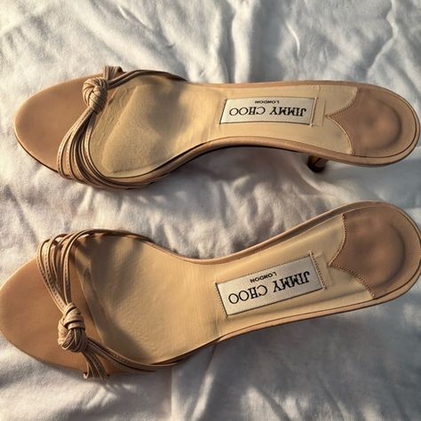 Vintage Jimmy Choo Strappy Kitten Heels Elegant Leather Strappy Kitten Heels, Leather Brown Kitten Heels For Party, Jimmy Choo Kitten Heels, Luxury Chic 4-inch Kitten Heels, Beige Jimmy Choo Heels, Heels Aesthetic, Rose Style, Jimmy Choo Shoes, Strappy Sandals