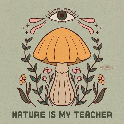 Lauriane ✮’s Instagram profile post: “Nature is my teacher 🌱🌸 Might even say… golden teacher ✨ . . . I own all the rights to my art - Please don’t edit, crop, apply filter or…” Golden Teacher Mushroom, Vhs Static, Sage Quotes, 70s Aesthetic Wallpaper, 70s Mushroom, Manifest Quotes, Vibe Board, 70s Cartoons, Taurus Season