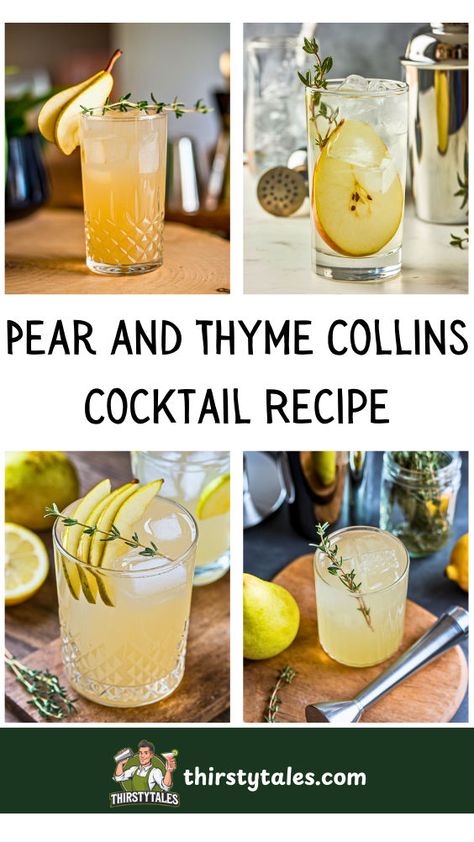 "Discover the delightful Pear and Thyme Collins Cocktail Recipe, a perfect blend of fresh pear and aromatic thyme that elevates your cocktail experience. This easy gin cocktail is ideal for fall gatherings, combining the flavors of pear gin and herbal notes for a refreshing twist. Perfect for any occasion, this gin and pear cocktail is one of the best cocktail recipes for fall. Enjoy this simple yet elegant drink that showcases the best of pear cocktails and gin drink recipes!" Gin Pear Cocktail, Cocktail Recipes For Fall, Pear Gin, Pear Cocktail, Gin Drink Recipes, Easy Gin Cocktails, Unique Cocktail Recipes, Cocktail Experience, Pear Cocktails