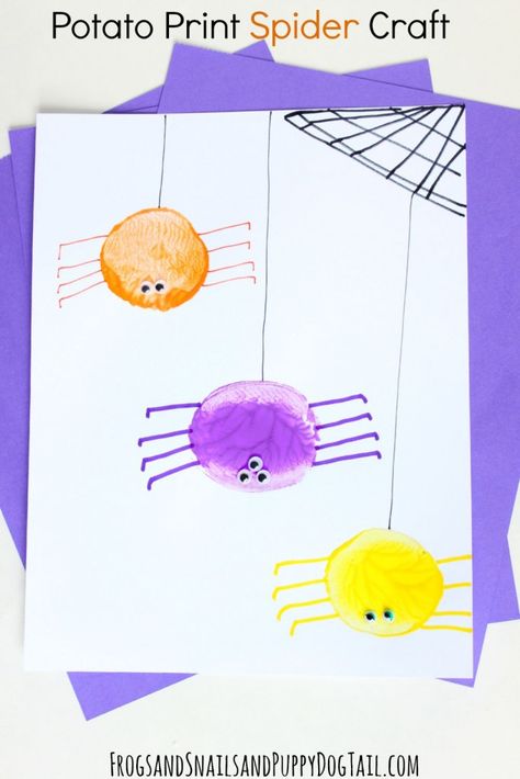 Potato Print Spider Craft for kids Potato Craft, Spider Craft For Kids, Potato Art, Potato Printing, The Very Busy Spider, Spider Craft, Kindergarten Halloween, Themed Snacks, October School