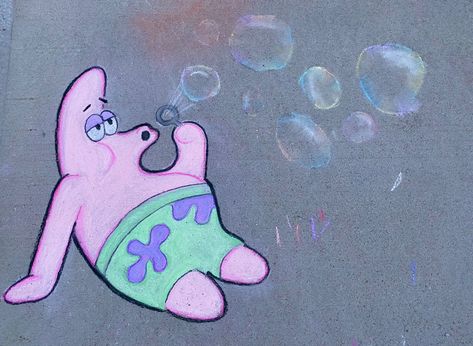 I drew the Patrick and my daughter Quinn worked on the bubbles! Fun Chalk Art, Art Homework, Sidewalk Chalk Art, Patrick Star, Chalk Drawings, Blowing Bubbles, Sidewalk Chalk, Drawing Inspo, Dope Tattoos