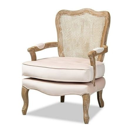 Vallea Traditional French Provincial Light Beige Velvet Fabric Upholstered Wood Armchair Bring French elegance to your living room with the Vallea armchair. Constructed from solid oak wood, the Vallea showcases a white-washed natural finish for an aged appearance. The armchair is upholstered in a soft, sumptuous velvet fabric and features padded armrests and a thick foam-padded seat for the utmost comfort. Stunning craftsmanship is displayed on the intricately woven bamboo back, as well as the e Country French Decorating, Ottoman Seating, Wood Armchair, White Washed Oak, Arm Chair Styles, French Country Furniture, Fabric Accent Chair, Whitewash Wood, Wood Arm Chair