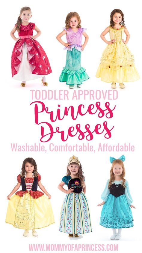 Toddler Approved Princess Dresses that are comfortable, machine washable, glitter free and super affordable! Perfect for Disney trips or daily princess wear. Cheap Playful Princess Dress For Dress-up, Princess Birthday Dress Toddler, Free Princess Dress Patterns For Kids, Princess Dresses For Toddlers, Toddler Princess Costume Pattern, Toddler Princess Costume, Princess Dresses Kids, Diy Princess Costume, Princess Costume Kids