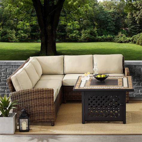 Spend warm summer days and cool summer nights in luxury with the 4-Piece Bradenton Sectional Fire Pit Set from Crosley. Wicker Outdoor Sectional, Outdoor Fire Pit Table, Fire Pit Sets, Wicker Sectional, Patio Fire Pit, Outdoor Sofa Sets, Patio Sectional, Corner Chair, Fire Table