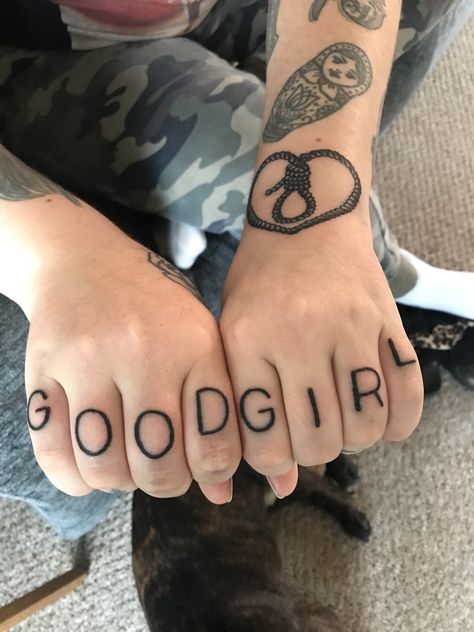 Good Girl Knuckle Tattoos Female Knuckle Tattoos, Princess Knuckle Tattoo, Knuckle Tattoos Words, Knuckle Tattoos For Women Words, Brat Tattoo, Knuckle Tattoos For Guys, Knuckle Tattoos For Women, Brats Tattoo, Knuckles Hand