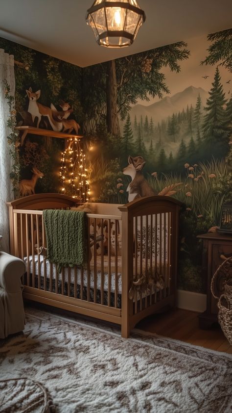 cozy woodland nursery with forest mural and animal decor Nursery Forest Wallpaper, Woodland Nursery Furniture, Dark Whimsical Nursery, Forrest Nursery Neutral, Woodland Vintage Nursery, Enchanted Forest Nursery Ideas, Northern Lights Nursery, Boy Nursery Woodland Theme, Forest Fairy Nursery