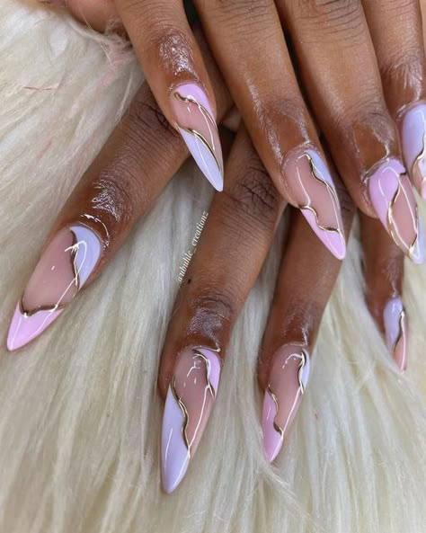 Ubuhle Creationz on Instagram: "Pastel pink and purple 🩷💜 #almondnails #nails #acrylicnails #pastel #gold #pmb #nailart #naildesign #nailaddict" Good And Pink Nails, Lilac Almond Nail Designs, Pink Powder Nails With Design, Pink Purple Gold Nails, Purple Pastel Nails Design, Holiday Nails Purple, Nails Pink With Design, Cool Unique Nails, Pink With Gold Flakes Nails