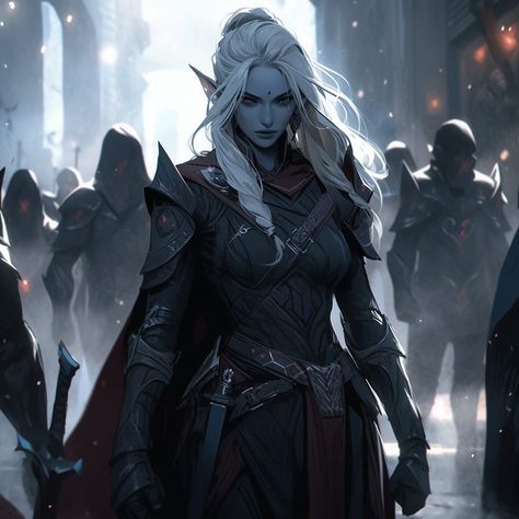 Dnd Shadar-kai Female, Female Drow Art, Shadar Kai Dnd, Half Drow Female, Drow Female Art, Dnd Drow Female, Shadar Kai Female, Dark Elf Female, Female Drow