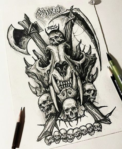 Sketches Design, Skull Art Tattoo, Reaper Tattoo, Kunst Tattoos, Tattoo Skull, Skull Art Drawing, Skulls Drawing, Geniale Tattoos, Sketch Tattoo Design