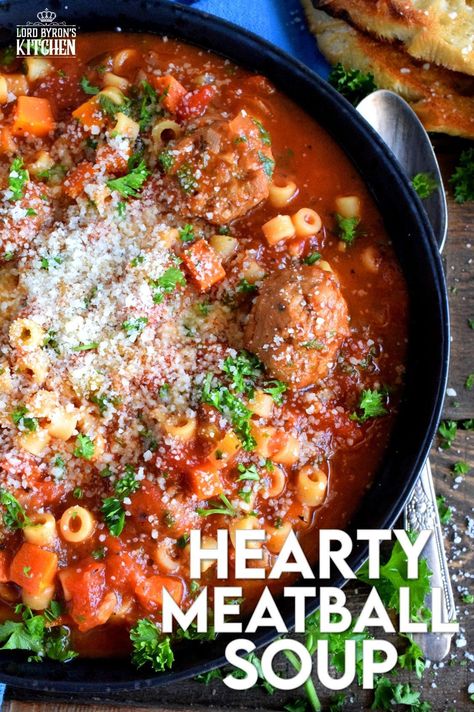 Hearty Meatball Soup is a soup that tastes like a big bowl of homemade pasta and meatballs, but more comforting and warming! Loaded with fresh vegetables and prepared with frozen, store-bought meatballs, this soup is good for you and easy too! #soup #stew #pasta #meatballs #homemade Frozen Meatball Soup, Soup With Frozen Meatballs, Meatballs Homemade, Pasta And Meatballs, Pasta Meatballs, Homemade Meatballs Easy, Meatball Soup, Frozen Meatballs, Homemade Meatballs