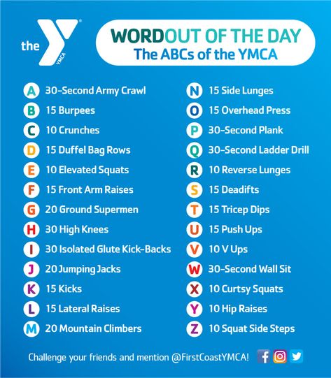 Ymca Gym Workout, Ymca Workout, Hip Raises, Tricep Dips, Side Lunges, Lateral Raises, Overhead Press, Reverse Lunges, Jumping Jacks