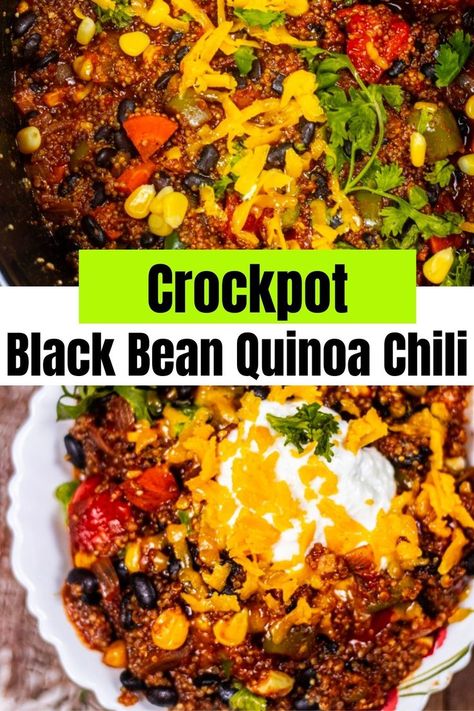 Crock-Pot Black Bean and Quinoa Chili Black Bean Quinoa Chili, Vegan Black Bean Recipes, Quinoa Chili Recipe, Beans Recipe Crockpot, Vegetarian Chili Crock Pot, Black Bean And Quinoa, Vegan Casserole Recipes, Slow Cooker Quinoa, Vegetarian Quinoa Chili