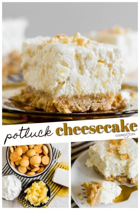 This Potluck Cheesecake Dessert is an easy cheesecake recipe with a no bake cheesecake filling on top of a Nilla Wafer crust. It's creamy, quick, with crushed pineapple to give it an extra fruity sweetness! #cookiesandcups #cheesecake #cheesecakerecipe #nobake #nobakecheesecake #nillawafers Nilla Wafer Recipes, Nilla Wafer Crust, Easy Cheesecake Recipe, Pineapple Cheesecake, No Bake Cheesecake Filling, Easy No Bake Cheesecake, Potluck Desserts, Nilla Wafers, Cheesecake Dessert