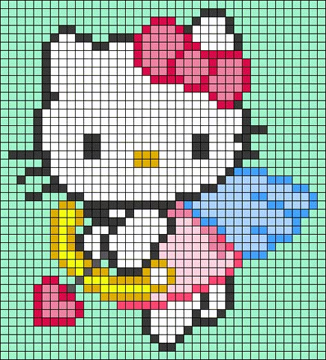 Pixel Art Sanrio Characters Easy, Hello Kitty Fuse Bead Pattern, Betty Boop Alpha Pattern, Hello Kitty Pixel Art 32x32, Alpha Pattern Hello Kitty, Alpha Patterns Sanrio, Sanrio Cross Stitch Pattern, Hello Kitty Grid Pattern, Kawaii Alpha Pattern