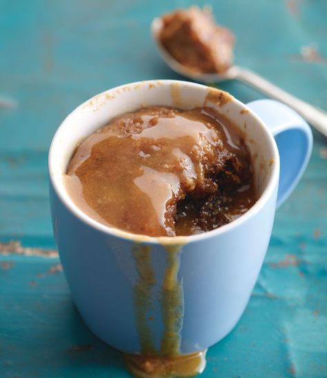 Simple Microwave Mug Cake Recipes | Jamie Oliver, Sarah Rainey Self Saucing Mug Cake Microwave Recipes, Sticky Date Mug Cake, Sticky Toffee Pudding Mug Cake, Microwave Sticky Toffee Pudding, Quick Mug Cake Microwave Recipes, Quick Mug Cake, Easy Sticky Toffee Pudding, Microwave Pudding, Recipe With Dates