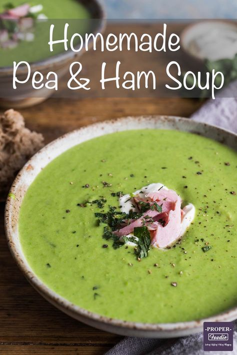 Pea and ham soup served with mint and creme fraiche Green Pea Soup With Ham, Pea Ham Soup, Ham Soup Recipes, Dinner Party Starters, Creamy Peas, Holiday Lunch, Pea And Ham Soup, Gluten Free Lunch, Ham Soup