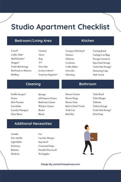 Studio Apartment Checklist Studio Apartment Necessities, First Studio Apartment Checklist, Studio Apartment Checklist, Apartment Move In, Clean Shower Liner, First Studio Apartment, Ikea Small Apartment, Studio Apartment Storage, Moving Out Checklist