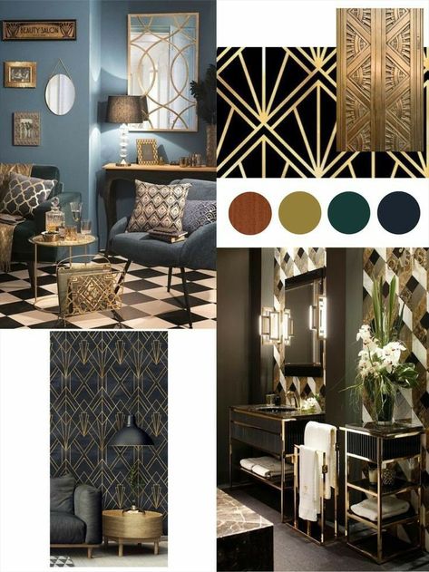 Art Deco Eclectic Decor, Artdeco Interiors Living Room, Great Gatsby Interior Design, Art Deco Moodboard, Gatsby Interior Design, Art Deco Bedroom Ideas, Art Deco Color Palette, Art Deco Mood Board, Artdeco Interiors