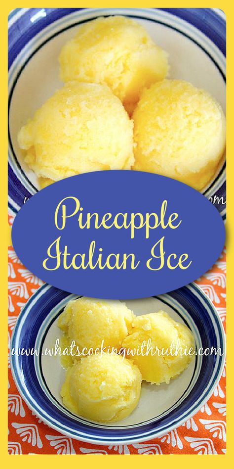 Our Pineapple Italian Ice Recipe is a delightful way to end your evening meal! Pineapple ice is also known as pineapple water ice–it’s a simple and refreshing recipe that will please all your guests. Our pineapple Italian ice has fresh pineapple, agave, honey, lemon juice, and ice cubes! #summerrecipe #pineapplerecipe #pineappleitalianice #italianicerecipe #italianice #pineapple refreshingrecipe || cookingwithruthie.com Water Ice Recipe, Italian Ice Recipe, Ice Recipe, Icee Recipe, Pineapple Water, Ice Cream Maker Recipes, Frozen Dessert Recipe, Pineapple Recipes, Homemade Ice Cream Recipes