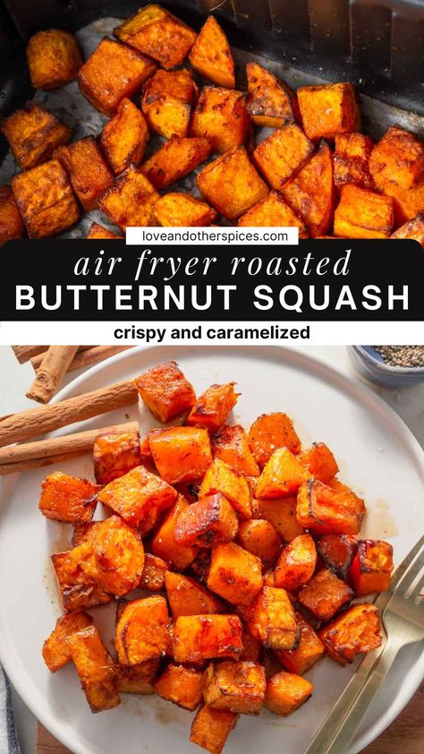 Air Fryer Butternut Squash Butter Squash Recipe, Air Fryer Butternut Squash, Oven Roasted Butternut Squash, Butternut Squash Recipes Roasted, Frozen Butternut Squash, One Dish Kitchen, Butternut Squash Recipe, Butternut Squash Cubes, Cooking For 1