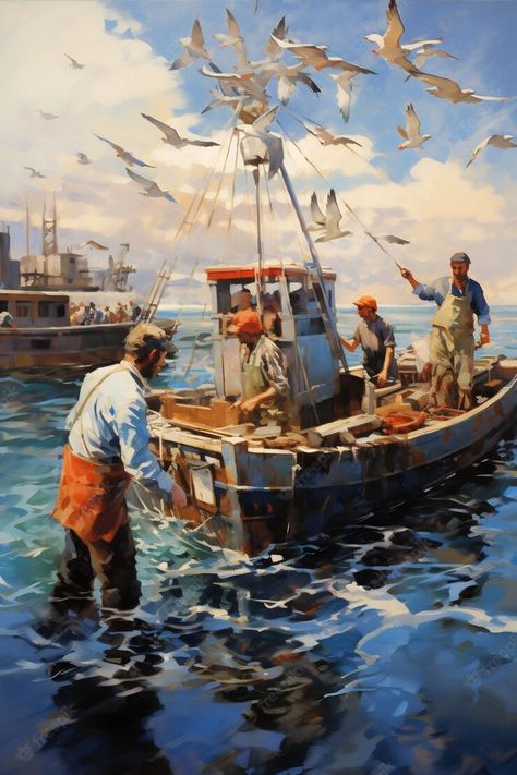 Premium AI Image | a painting of men fishing with a boat and birds in the background Fishing Illustration Art, Painting Of Men, Fishing Boat Painting, Fishing Suit, Men Fishing, Boat Paint, Craft Booth Display, Boat Drawing, Fishing Pictures