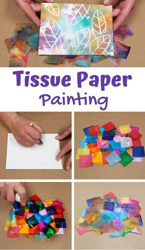 Cool Art Projects For Preschoolers, Tissue Bleed Art, Small Group Art Projects, Activities With Tissue Paper, Painting For Elementary Students, Fun Art Projects For Preschoolers, Art Projects With Tissue Paper, Fun Preschool Art Projects, No Brush Painting Ideas