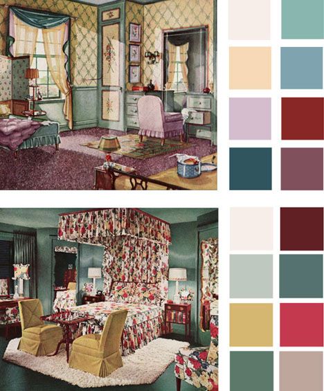 Vintage paint color palettes  http://dornob.com/6-color-palettes-based-on-early-1900s-vintage-bedrooms/ Famous Bedrooms, Traditional Bedroom Colors, Vintage Paint Colors, American House Style, Blue Green Bedrooms, Layout Portfolio, Mahogany Furniture, Bedroom Furnishings, Shabby Chic Bedroom