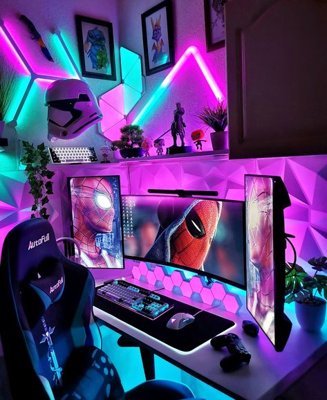 #setup #gamingsetup #desksetup #pcsetup #nanoleaf #cololight #govee #games #gaming #gamer #gamingcommunity #battlestation #inspiring #vibes #mood #cyberpunk #homedecor #funkopop #love #tech #techsetup #nerd #spiderman Willow Oak, Small Game Rooms, Oak House, Best Gaming Setup, Computer Gaming Room, Gamer Setup, Pc Build, Gamer Room Decor, Pc Gaming Setup