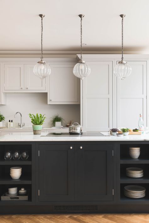 Black Kitchen Islands, Cornforth White Kitchen, Farrow And Ball Kitchen, Cabinet Island, Hamptons Kitchen, White Shaker Kitchen, Bespoke Kitchen Design, Shaker Style Kitchens, Black Cabinet