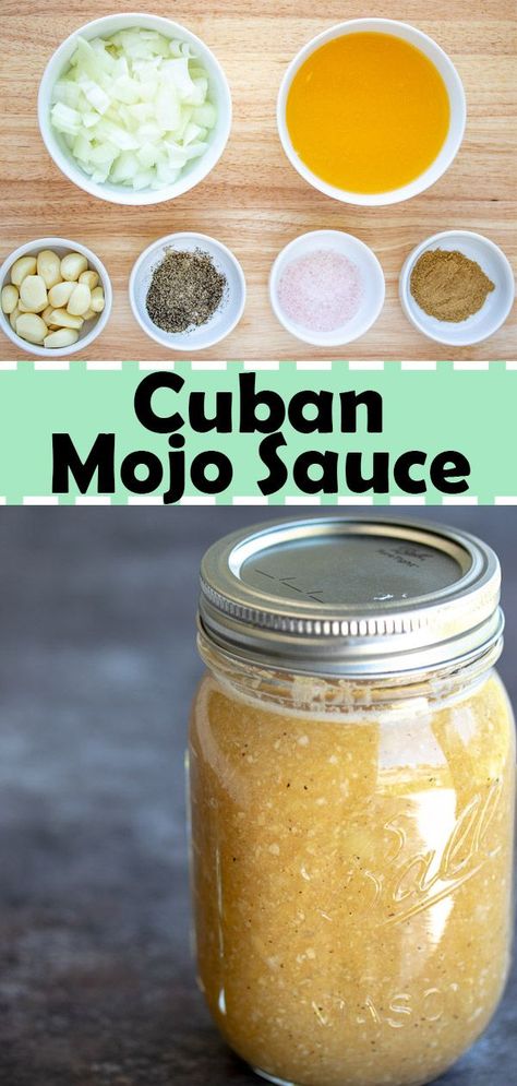 Let me start off by saying that this Mojo is an AMAZING sauce that I use on almost everything. This traditional mojo recipe is straight from Cuba and used throughout the surrounding Caribbean Islands. It is mainly used to marinate pork but is also viable for other poultry or red meats. Another use for Mojo is for a dish called Yuca (cassava), a dipping sauce for fried plantain chips or our tostone recipe. #cuban #recipe #marinade #spanish #caribbean #food Caribbean Marinade, Cuban Sauce, Fried Plantain Chips, Mojo Recipe, Yuca Al Mojo, Cuban Dishes, Dip Sauce, Cuban Cuisine, Plantain Chips