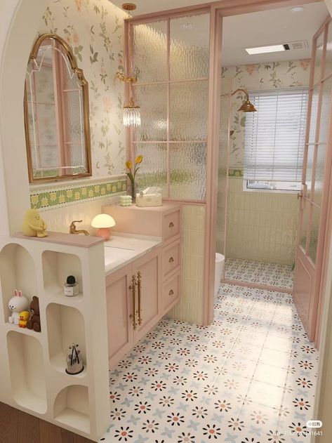 Bathroom Medium Size, Cute Tiny Bathroom, Bright House Aesthetic, Pink Sink Bathroom Ideas, Small Italian Bathroom, Cute Apartment Ideas Bathroom, Pink Yellow Bathroom, Pink Bathroom Tile Ideas, Nice Bathroom Ideas